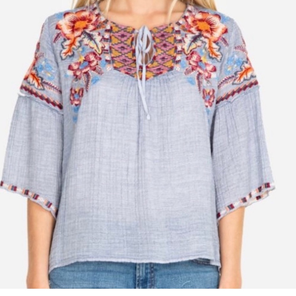 Johnny Was Caila Ruffle Boho Embroidered Blouse
